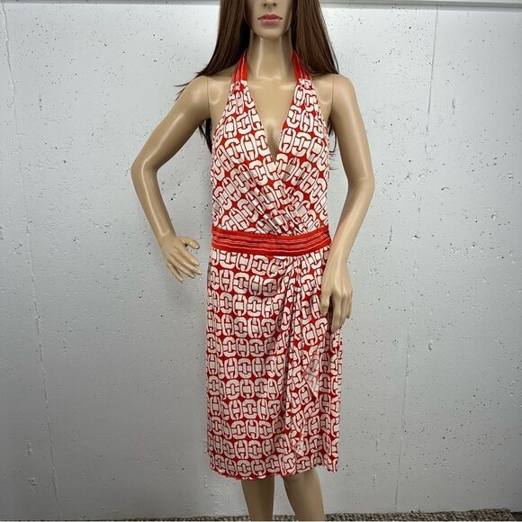 Trina Turk Women’s size 6 Off White Orange Silk Chain Link Halter Dress - Picture 2 of 12
